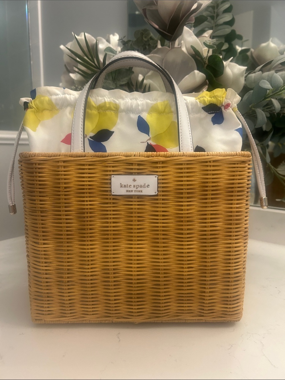 Kate Spade Sam Wicker Lemon Draw String Bag